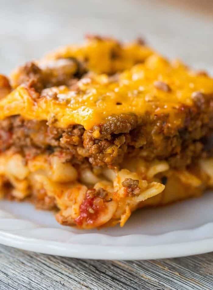 close up of Johnny Marzetti casserole on a white plate