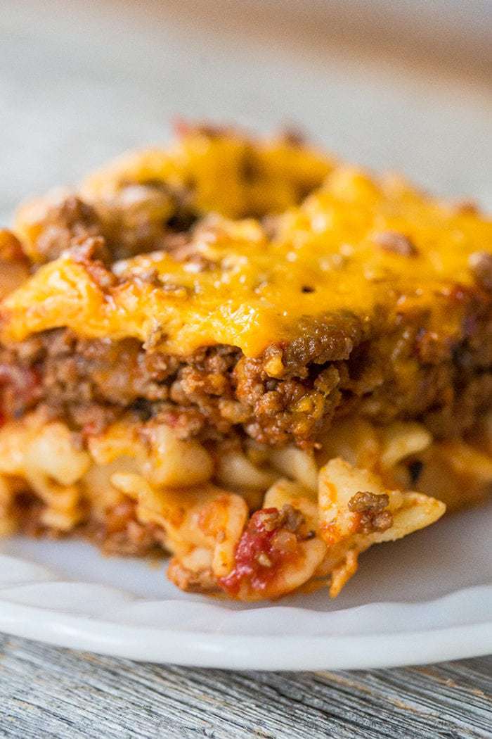 close up serving of Johnny Marzetti Casserole in a white plate