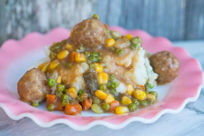 Crockpot Meatball Shepherd's Pie in a pink plate