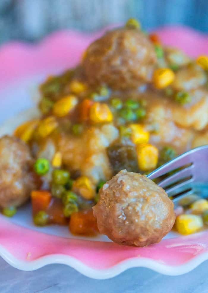 close up crockpot meatballs shepherd's pie