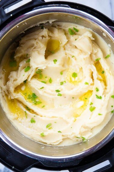 close up of Instant Pot Mashed Potatoes with parsley