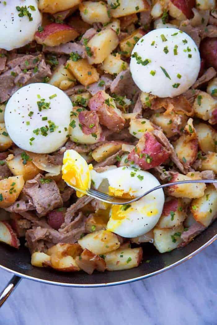 Close up of Leftover Prime Rib in a Skillet with Poached Eggs