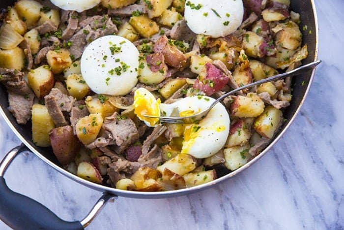 Leftover Prime Rib in a Skillet with Poached Eggs on Marble Background