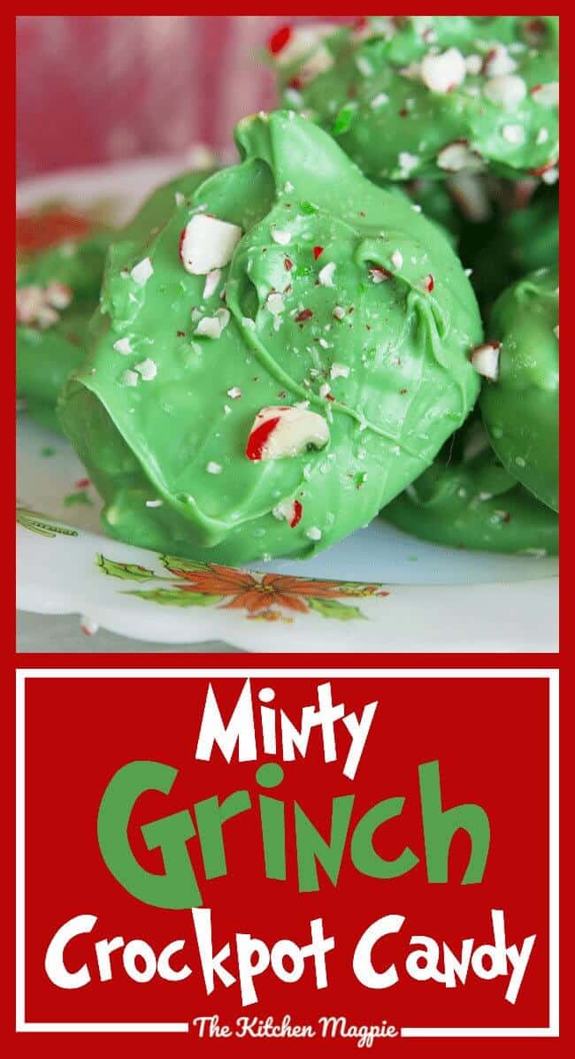 My new Minty Grinch Crockpot Candy is sure to be a family favourite for Christmas and it couldn’t be easier to make! Simply put it in the crock pot and in an hour you have candy! #christmas #candy