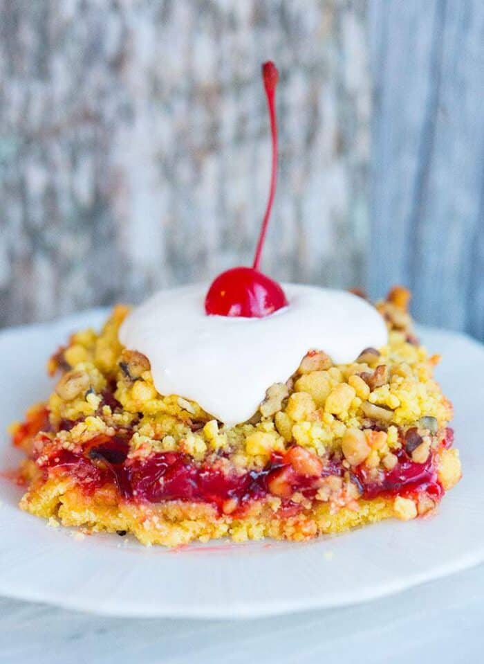 close up Lemon Cherry Crunch Cake 