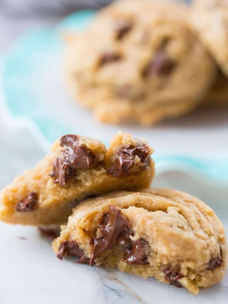 Close up of Chocolate chip cookies showing the inside melted chocolate