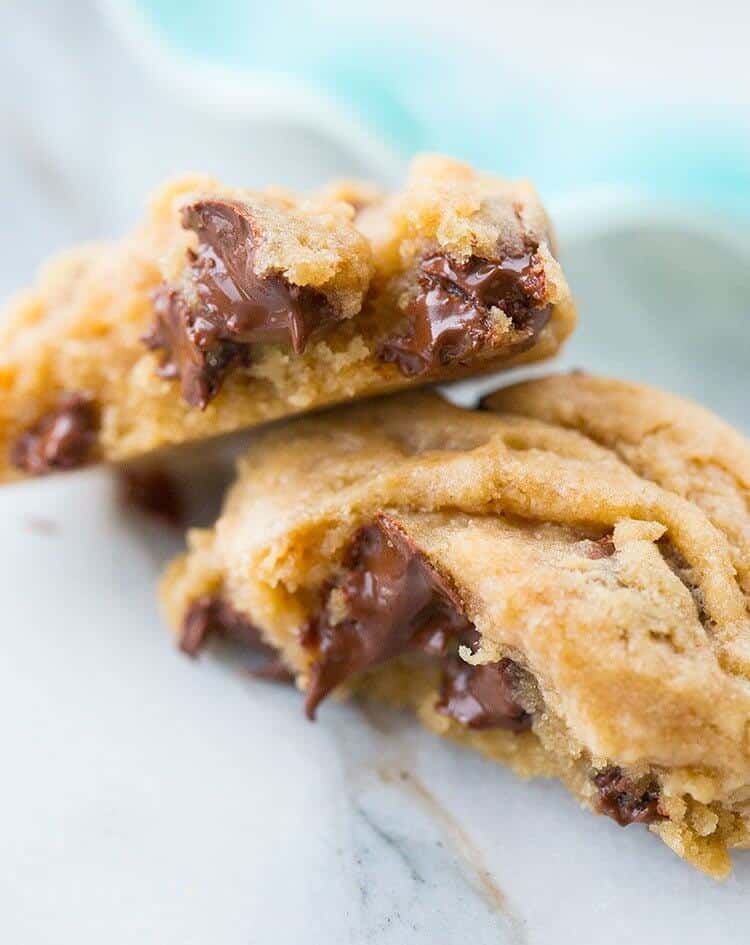 Close up of Chocolate chip cookies showing the inside melted chocolate