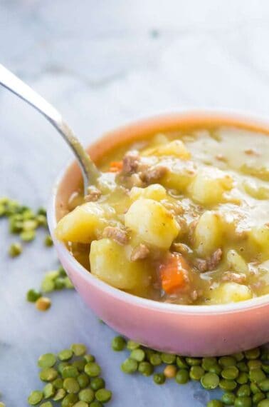 Close up of Creamy Split Pea Hamburger Soup in the slow cooker