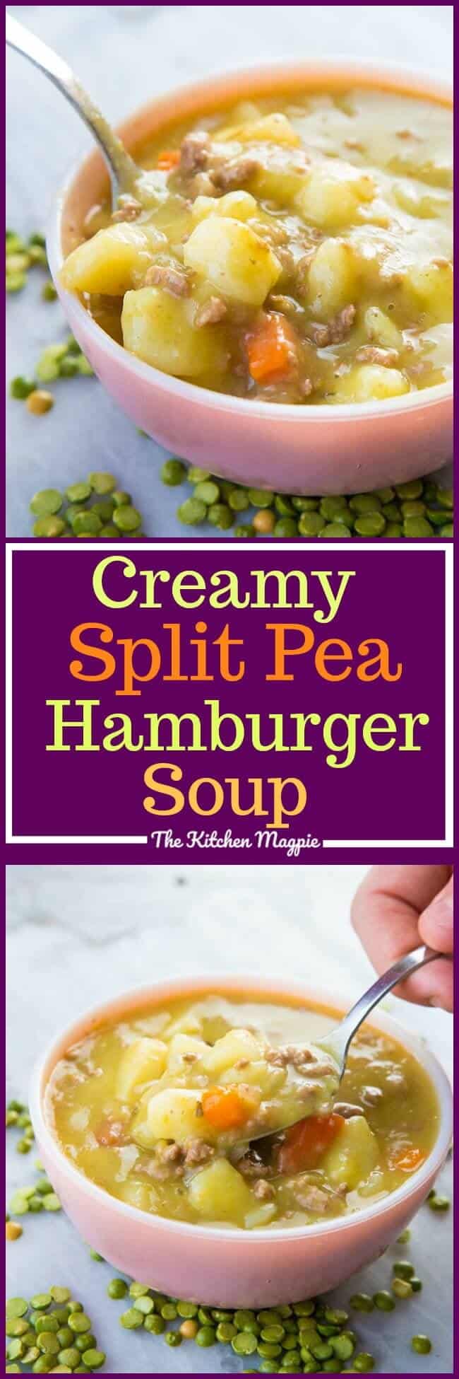Creamy Split Pea Hamburger Soup done in the Instant Pot or your slow cooker! This hearty soup is chock full of protein and iron and is delicious! #recipe #soup #instantpot #slowcooker #hamburgersoup 