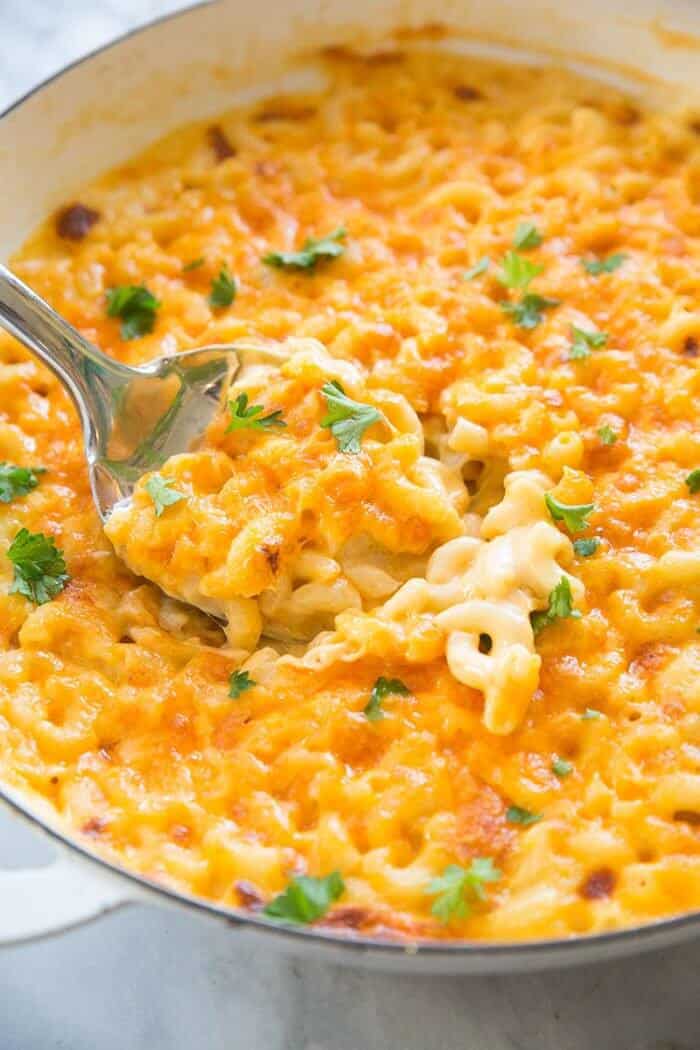 close up of Creamy Three Cheese Skillet Mac and Cheese