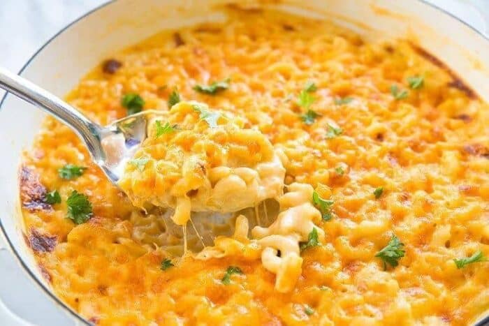 spooning of Creamy Three Cheese Skillet Mac and Cheese