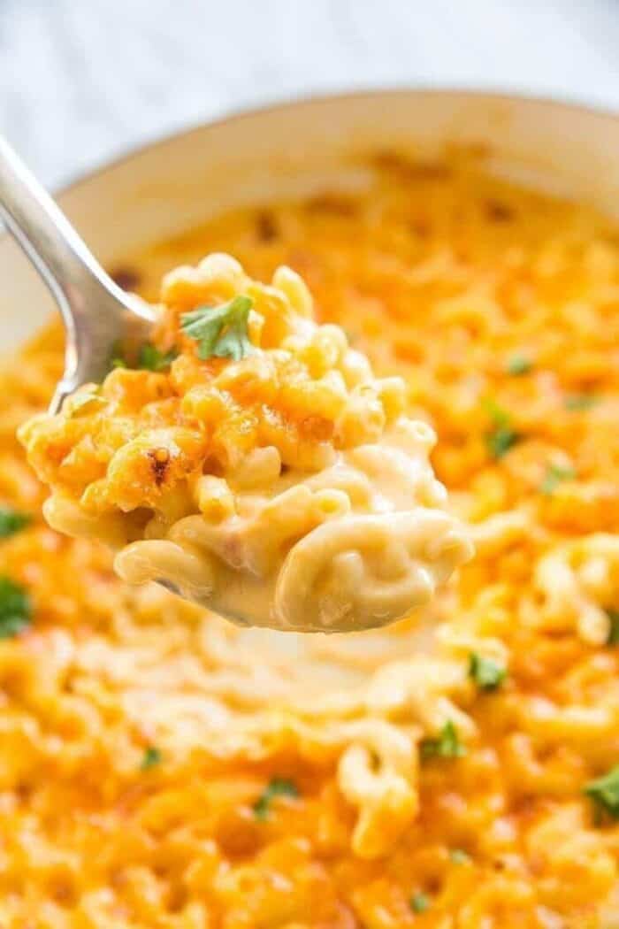 Creamy Three Cheese Skillet Mac and Cheese in thick sauce