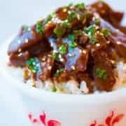 Instant Pot Mongolian Beef in a bowl over rice