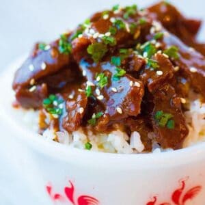 Instant Pot Mongolian Beef in a bowl over rice