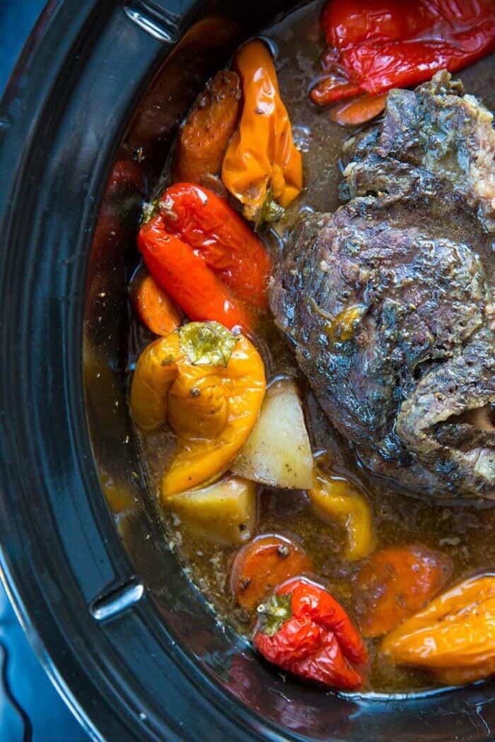 roast in the bottom of slow cooker with water and surrounded with all the vegetables