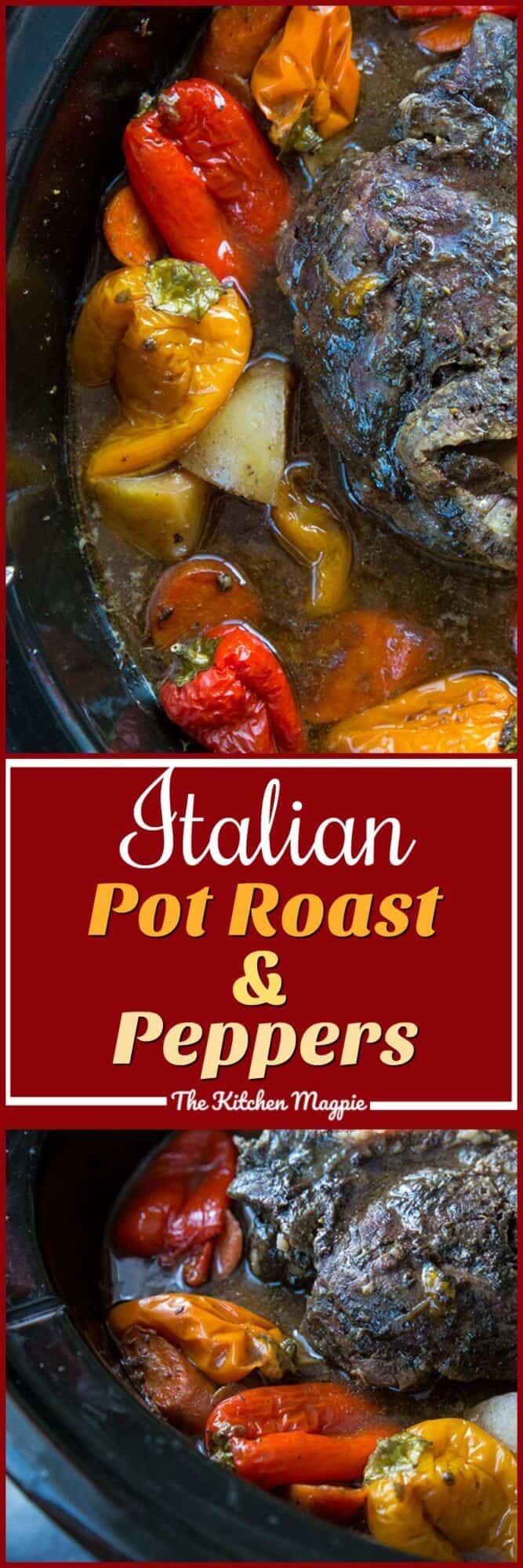 If you love sweet peppers and Italian spices, then this Slow Cooker Italian Pot Roast & Peppers is for you! #roastbeef #slowcooker #italian #peppers #recipe #dinner #supper