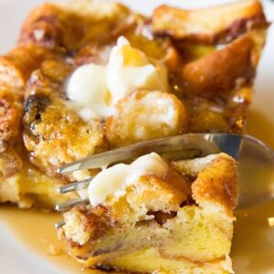 Close up of Leftover Cinnamon Rolls French Toast Casserole