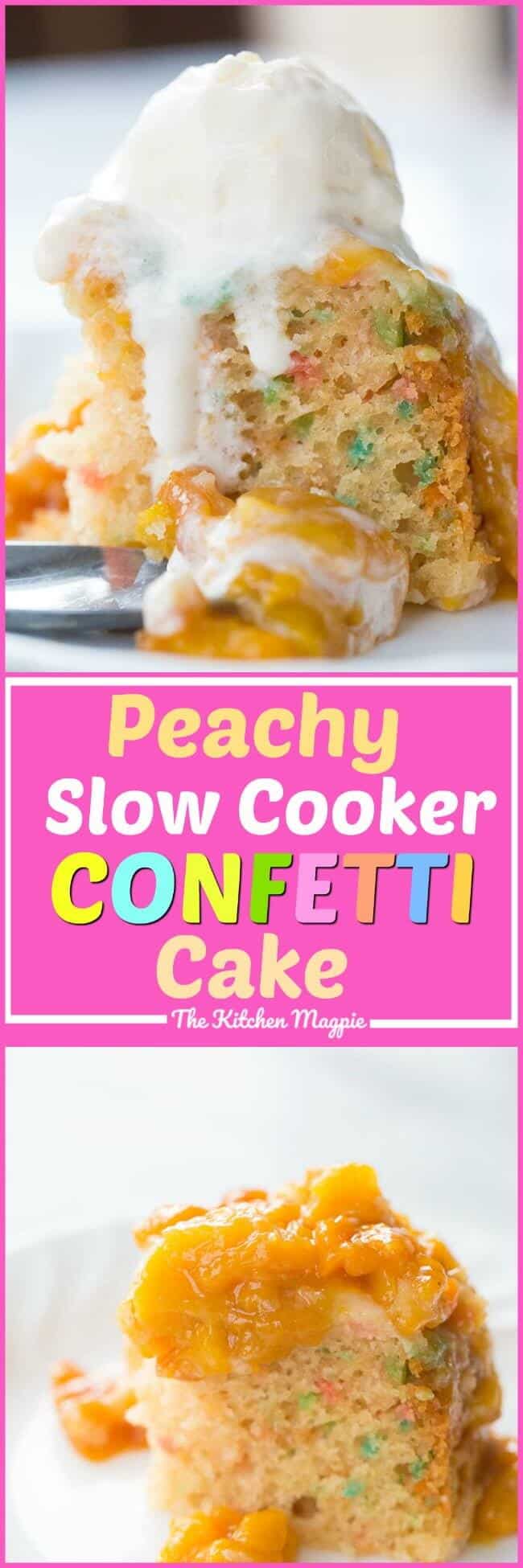 This Peachy Slow Cooker Confetti Cake is so easy to make - and talk about delicious! Canned peaches give this slow cooker cake an extra taste boost! #crockpot #slowcooker #cake #peaches #recipes