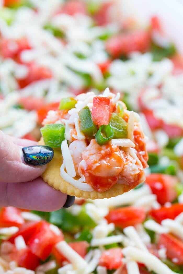 Close up of a cracker with Shrimp Surprise Spread