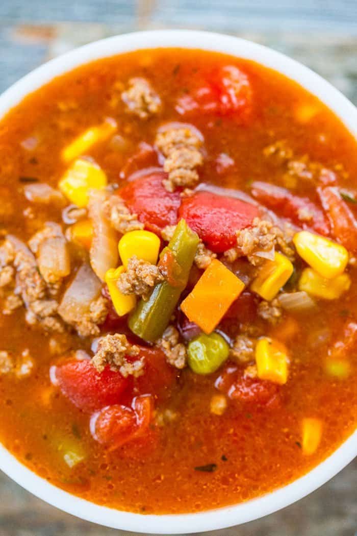 Top down shot of Simple Classic Hamburger Soup in a bowl 