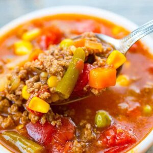Close up of Simple Classic Hamburger Soup with mixed vegetables