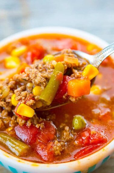 Close up of Simple Classic Hamburger Soup with mixed vegetables
