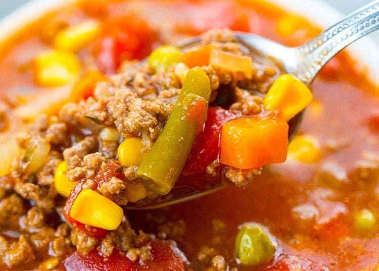 Close up of Simple Classic Hamburger Soup with mixed vegetables