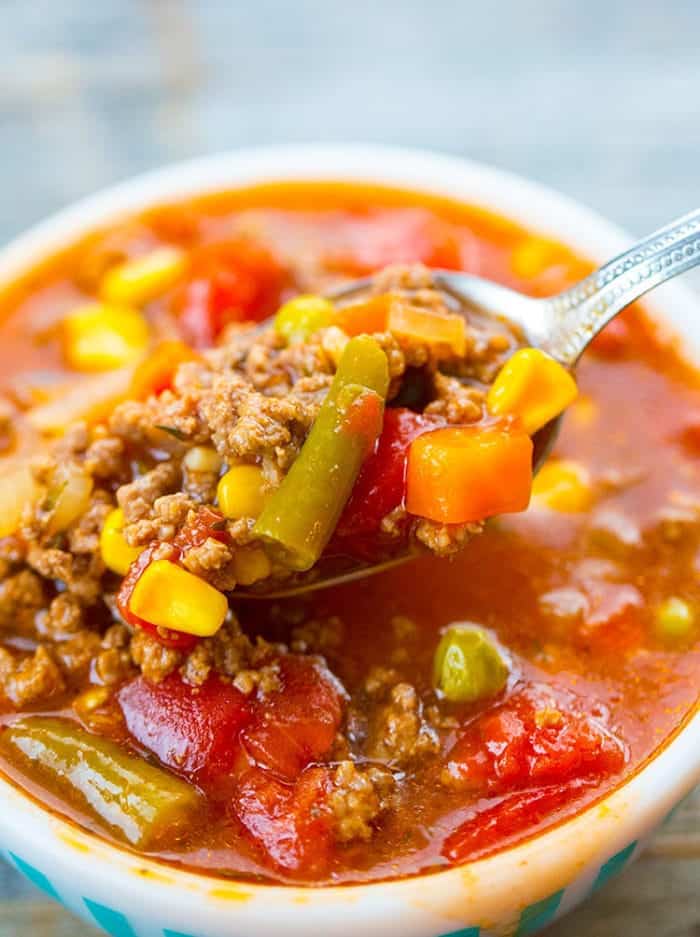 Close up of Simple Classic Hamburger Soup with mixed vegetables