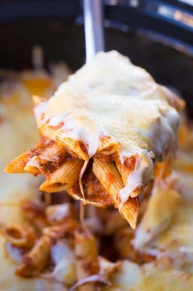 Slow Cooker Baked Ziti with mozza and Parmesan cheese