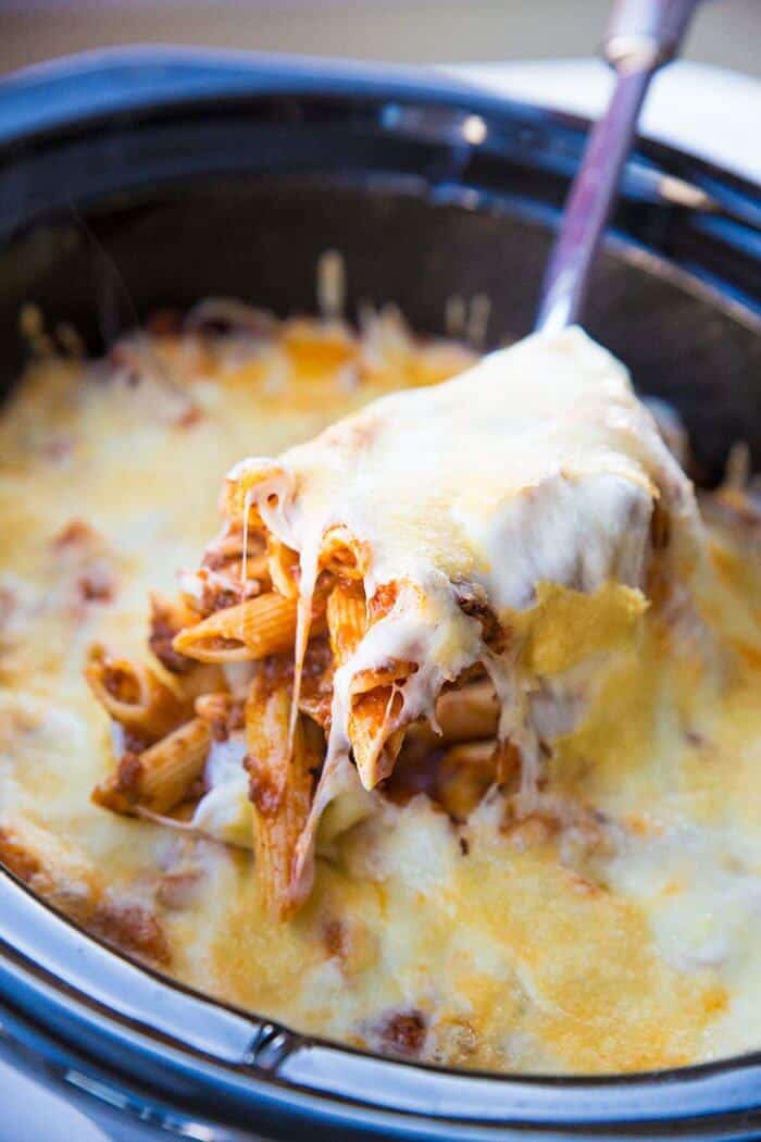 cheesy Slow Cooker Baked Ziti in crockpot