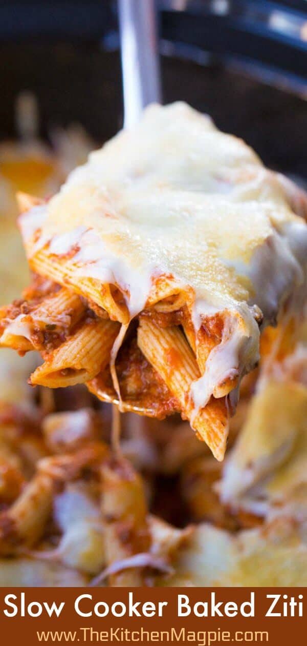 The BEST Slow Cooker Baked Ziti! It bakes up right in your crockpot perfectly! No stirring needed! . #slowcooker #ziti #cheese #recipe #crockpot 