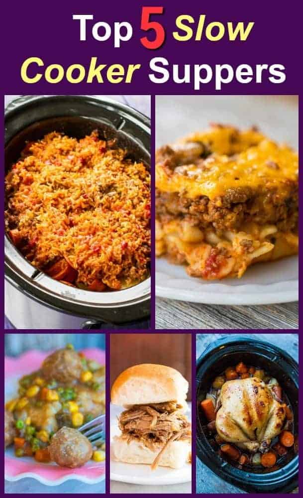 Collage of the top 5 slow cooker dinners from the past year