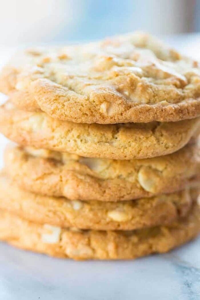 stack of Thick & Chewy White Chocolate Chip Macadamia Nut Cookies