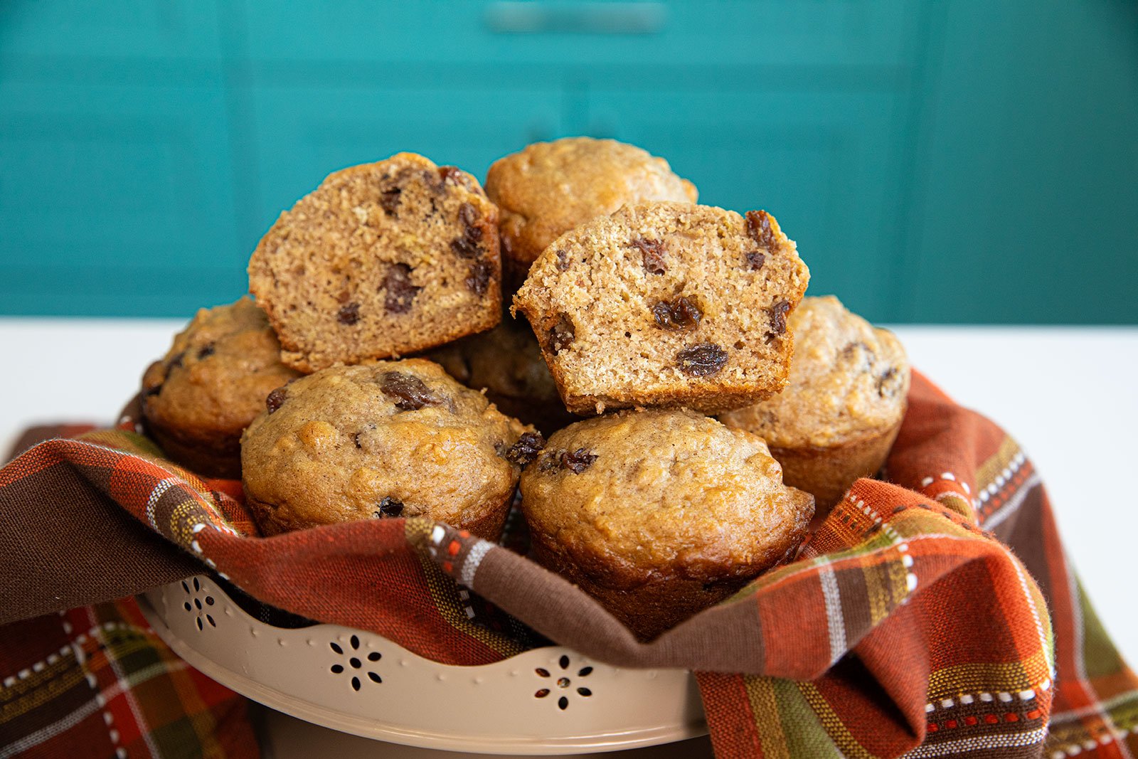 Moist oat bran muffins loaded with plump raisins and warm cinnamon spice.