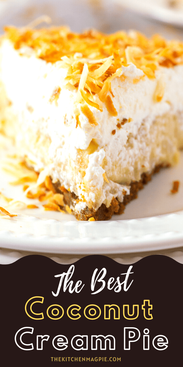 How to make a decadent coconut cream pie, with toasted coconut and a creamy coconut filling with a gingersnap cookie crust. This is a from-scratch coconut cream pie!