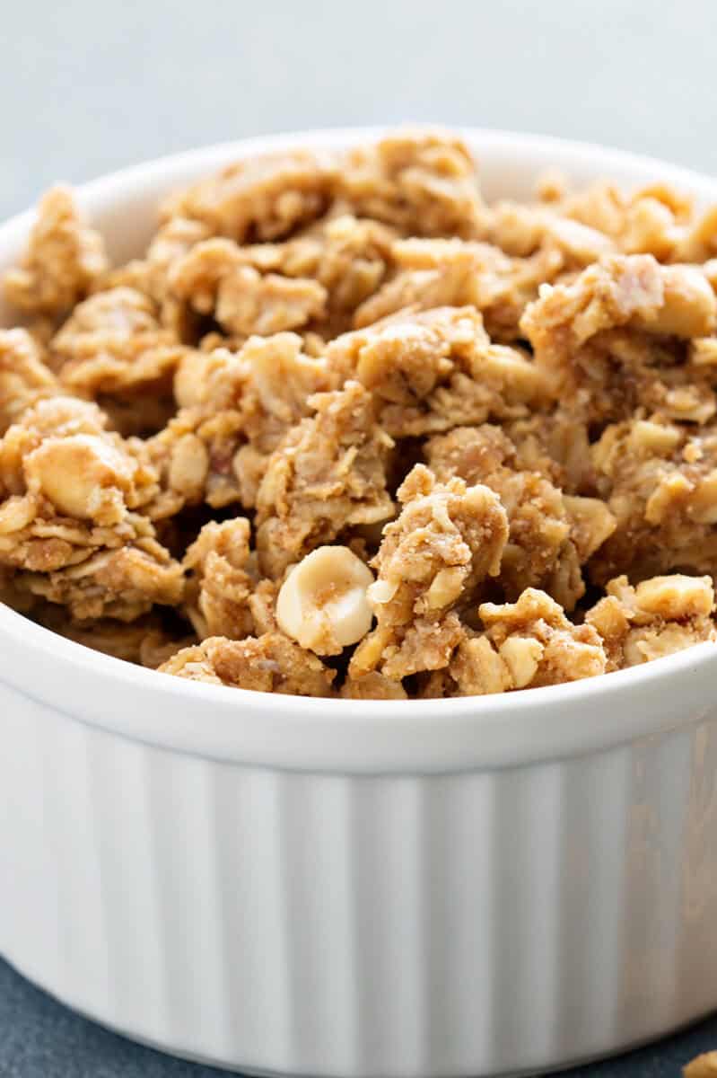 Close up of Granola Clusters in White Ramekins