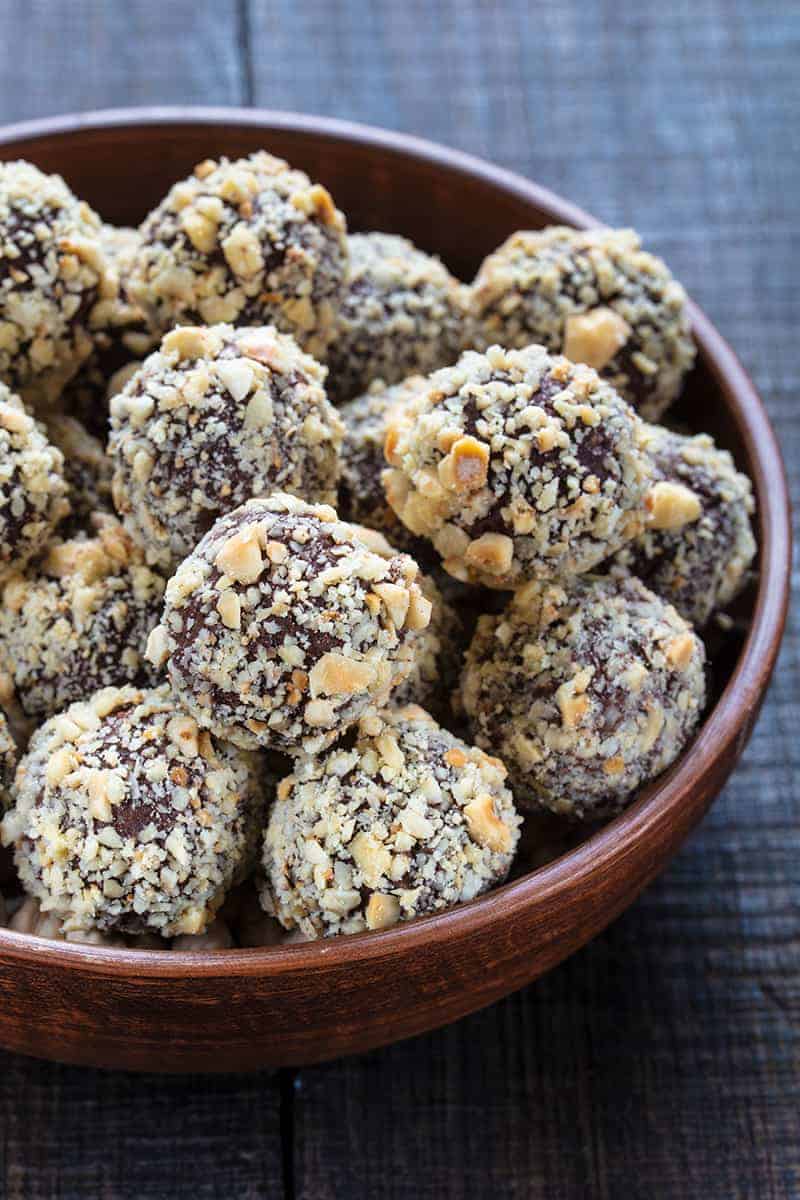 Hazelnut Truffles on a brown dessert bowl