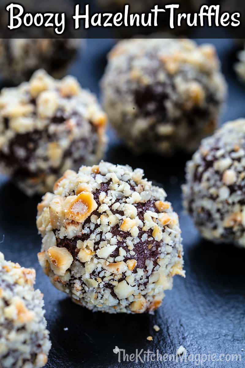 A smooth, delicious chocolate Hazelnut Truffle flavored with a hazelnut liqueur. The outside crunch of toasted hazelnuts makes these amazing!