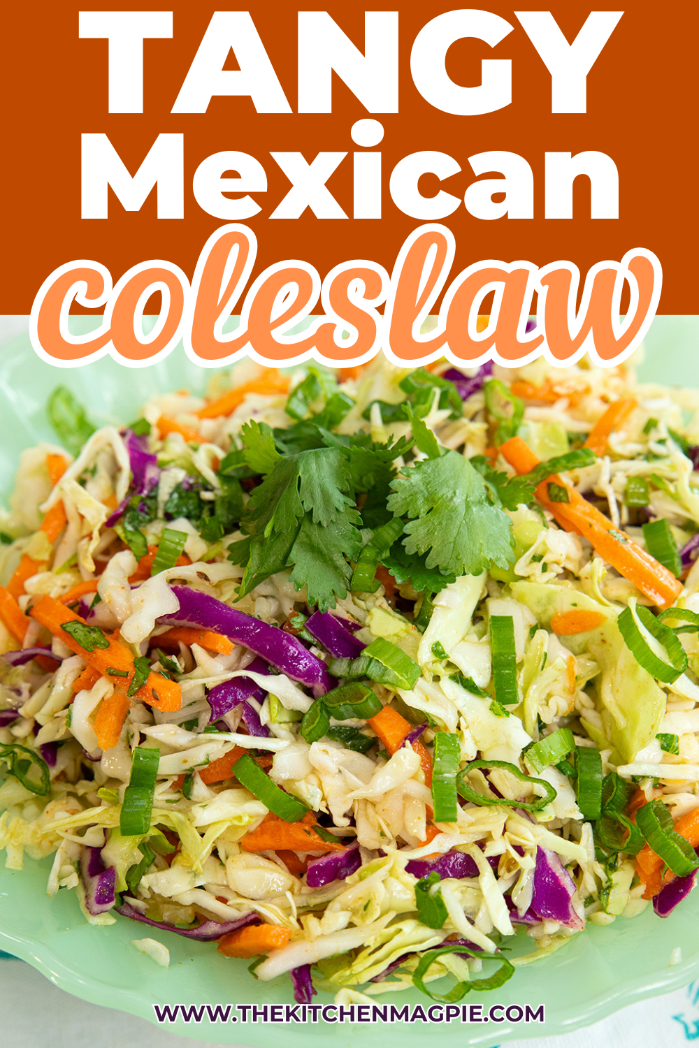 This easy and fast Mexican coleslaw is the perfect tangy, mayo-free salad for topping tacos, pulled pork sandwiches, or using as a side dish with spicy dishes. #thekitchenmagpie #salad #coleslaw #mayofree