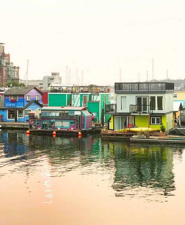 wharf at Victoria, British Columbia with colorful establishments