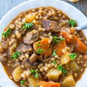 close up Beef & Barley Stew in a white bowl with spoon