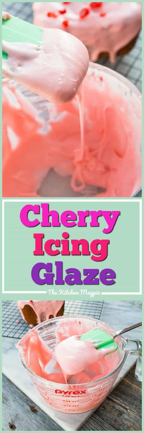 This decadent but easy cherry icing glaze is perfect for muffins, cakes, loaf cakes and more! #icing #cherry #cake #recipe #dessert