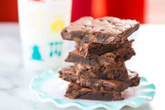 a stack of Chewy Double Chocolate Chip Cake Mix Cookies in plate