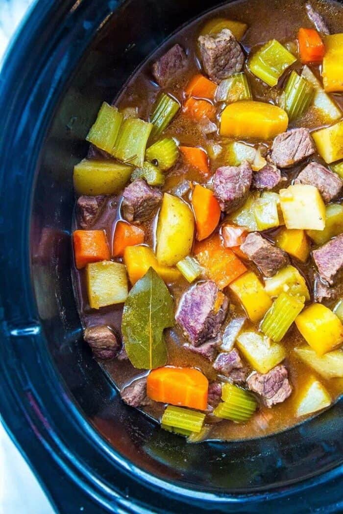 crockpot beef stew in black crockpot