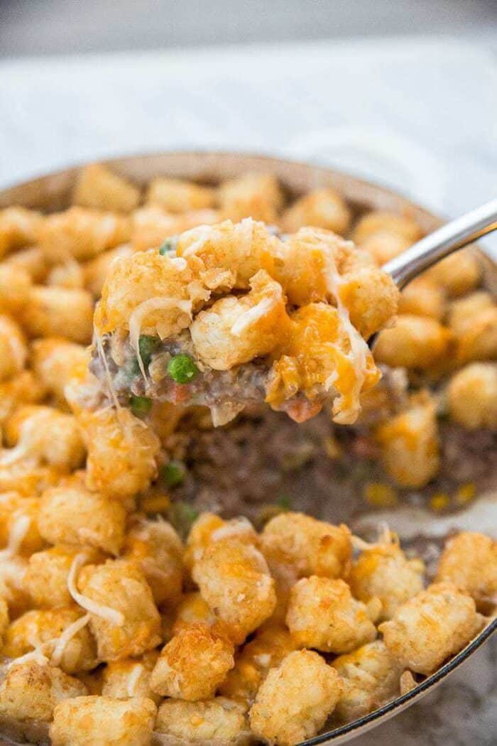 Hamburger hotdish with Tater Tots on top