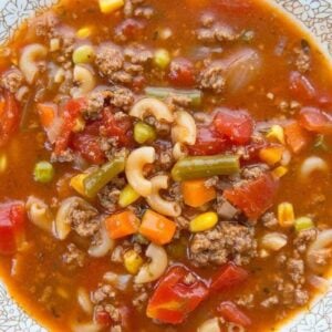 Top down shot of Hamburger Soup with Elbow Macaroni and Vegetables in a Soup Bowl