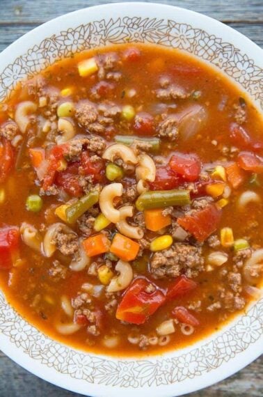 Top down shot of Hamburger Soup with Elbow Macaroni and Vegetables in a Soup Bowl