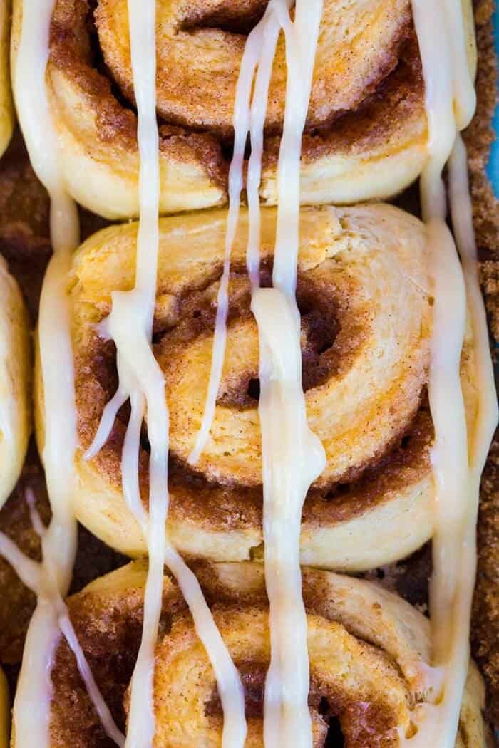 Top down shot of No Rise Cinnamon Rolls with Cinnamon Roll Icing Glaze