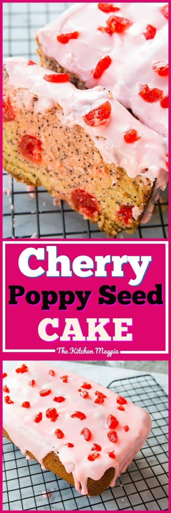 This Cherry Poppy Seed Loaf Cake is such a beautiful burst of flavour and colour in the middle of winter! The best part? It uses maraschino cherries that are cheap, cheerful and available year round so you can make this 365 days a year! #dessert #cake #cherrycake #icing #glaze #cherry