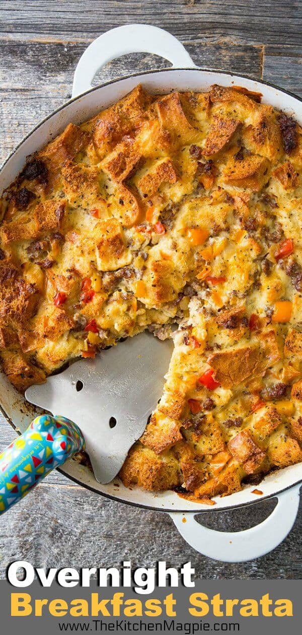 Imagine waking up to a Sausage & Peppers Overnight Breakfast Strata first thing on a weekend morning! You let it sit overnight and bake it up first thing in the morning! #breakfast #brunch #cooking #recipe #eggs #strata